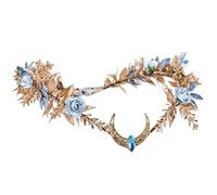 MOSTORY Fairy Crown for Women, Glod Moon Fairy Headpiece for Halloween Cosplay, Goddess Elf Tiara with Blue Rose for Renaissance Photo Shoots