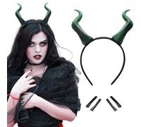 MOSTORY Green Devil Horns Headband for Adult, Demon Horns Headband for Women Cosplay Halloween Party Outfit, Demonic Ox Horn Hairband with Clips for Renaissance Renfaire Photo Shoot Props