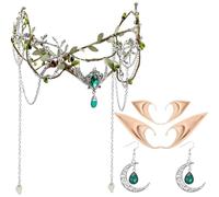 MOSTORY Medieval Leaf Crown with Elf Ears Earrings for Renaissance Costume Women, Green Headdress with Tassels and Moon for Cosplay Party Performance Book Day May Day Halloween Carnival Accessories