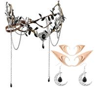 MOSTORY Medieval Renaissance Accessories Set - Viking Elf Crown Elf Ears and Moon Earrings for Women Renfaire Fairy Cosplay, Black-silver, Adjustable