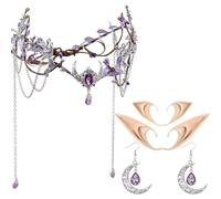 MOSTORY Medieval Renaissance Accessories Set - Viking Elf Crown Elf Ears and Moon Earrings for Women Renfaire Fairy Cosplay, Silver-purple, Adjustable