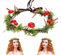 MOSTORY Mushroom Flower Headband Fairy Woodland Crown Headpiece Mossy Holly Circlet Tiara Red Mushrooms Hair Wreath Christmas Crown for Women Womens Renaissance Festival Costume Accessories