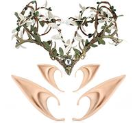 MOSTORY Pixie Ears and Green Leaves Circlet Woodland Fairy Headpiece Elven Forest Crown with 2 Pairs Soft Elf Ears Bronze Deer Antler Headband Cosplay Costumes for Women Renaissance Christmas