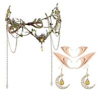 MOSTORY Women's Elf Ears Headdress Earrings Set, Gold Fairy Tiara with Tassels and Moon for Cosplay Carnival Renaissance Costume