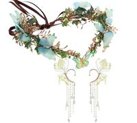 MOSTORY Women's Green Elf Crown Elf Ears Headpiece with Flowers and Butterflies for Cosplay Carnival Elves Fairy Costume Fairy Costume