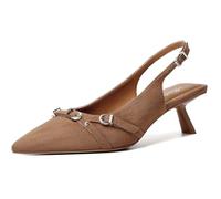Mostrin Kitten Heels for Women Pointed Toe Pumps Patent Leather Low Heel Slingback Heels with Buckle Dress Shoes for Dating Party Working, Brown Suede 03, 6 UK