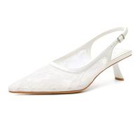 Mostrin Kitten Heels for Women Pointed Toe Pumps Patent Leather Low Heel Slingback Heels with Buckle Dress Shoes for Dating Party Working, White Lace #06, 6 UK
