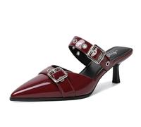 Mostrin Kitten Mules Heels for Women Studded Heeled Mules Pointed Closed Toe Heels Slip on Stiletto Pumps Shoes, Burgundy, 6 UK