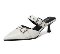 Mostrin Kitten Mules Heels for Women Studded Heeled Mules Pointed Closed Toe Heels Slip on Stiletto Pumps Shoes, White, 6 UK