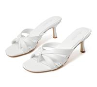 Mostrin Strappy Kitten Heels for Women Round Open Toe Flip Flops Slip On Mules Heels Fashion Thong Heeled Sandals for Party Wedding Holiday, White, 7 UK