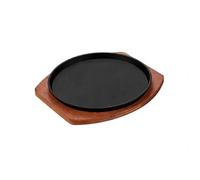 MoSundi Cast Iron Sizzling Plate 25cm Round Steak Stone with Acacia Wood Base for Hot Grill Cooking(27CM)