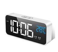 MOSUO LED Digital Alarm Clock, Rechargeable Mirror Bedside Clock with Temperature Display, Snooze, Non Ticking, Adjustable Volume & Brightness, 2 Alarms Set with 13 Music, White