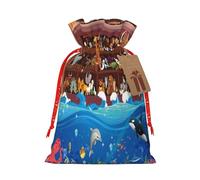 Mosytuky Animals On Noah'S Ark2 Print Christmas Burlap Gift Bags With Drawstring Christmas Gift Bags Claus Sack Holiday Bags For Candy Treat Goodie Wrapping Xmas Party Supplies-Small