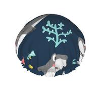 Mosytuky Friendly Smiling Sharks Print Shower Cap For Women,Elastic And Reusable,Double Waterproof Layers Bathing Hat