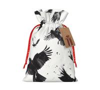 Mosytuky Monochrome Flying Ravens Print Christmas Burlap Gift Bags With Drawstring Christmas Gift Bags Claus Sack Holiday Bags For Candy Treat Goodie Wrapping Xmas Party Supplies-Small