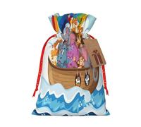 Mosytuky Rainbow Animals On Noah'S Ark Print Christmas Burlap Gift Bags With Drawstring Christmas Gift Bags Claus Sack Holiday Bags For Candy Treat Goodie Wrapping Xmas Party Supplies-Small
