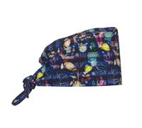 Mosytuky Sea Inhabitans and Herb Print Scrub Cap Working Caps with Upgrade Sweatband Adjustable Hats Head Cover for Women/Men Black, Black, One Size