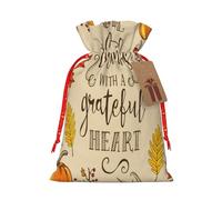 Mosytuky Thanksgiving With A Grateful Heart Print Christmas Burlap Gift Bags With Drawstring Christmas Gift Bags Claus Sack Holiday Bags For Candy Treat Goodie Wrapping Xmas Party Supplies-Medium