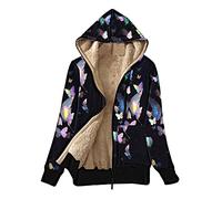 MOSZ Women Fall Winter Warm Hoodie Fleece Lined Zip Up Sweatshirt Jacket Coat Ladies Loose Butterfly Print Cardigans Fleece Tops Long Sleeves Front Pockets Dark Blue