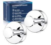 MOTAIPEAK 2pc Chrome Stainless Steel Suction Cup Hooks for Shower, Wall Mount, Heavy Duty, Rust Resistant, 11lbs Max Weight, 2 Hooks, Modern Style, Luxe Grip, Easy Install