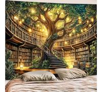 Motanber Fantasy Tree Library Tapestry Fairy Forest Bookshelf Tapestries Aesthetic Wall Hanging Vintage Magic Tree of Life Whimsical Book Extra Large Tapestry for Bedroom Living Room Dorm 90x68 inch