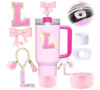 MOTEERLLU 6PCS Pink Accessories for Stanley Cup, Decorations for 30/40 oz Tumbler with Handle, Includes Bow Straw Topper Cover Cap&Boot, Initials Charm, Letter Sticker, Spill Proof Stopper (Letter L)