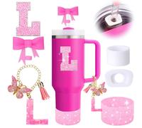MOTEERLLU 6PCS Pink Stanley Cup Accessories Set Initials Decorations for Stanley Cup 30oz 40oz Includes Bow Straw Topper Handle Charm Letter Stick