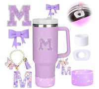 MOTEERLLU 6pcs Purple Stanley Cup Accessories Set,Bow Straw Cover for Stanley Cup 30oz 40oz, Including Straw Topper,Spill Proof Stopper,Sparkly Silicone Boot Set,Handle Charm,Initials Sticker (M)