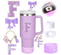 MOTEERLLU 6pcs Purple Stanley Cup Accessories Set,Bow Straw Cover for Stanley Cup 30oz 40oz, Including Straw Topper,Spill Proof Stopper,Sparkly Silicone Boot Set,Handle Charm,Initials Sticker (F)