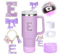 MOTEERLLU 6pcs Purple Stanley Cup Accessories Set,Bow Straw Cover for Stanley Cup 30oz 40oz, Including Straw Topper,Spill Proof Stopper,Sparkly Silicone Boot Set,Handle Charm,Initials Sticker (E)