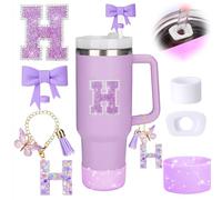 MOTEERLLU 6pcs Purple Stanley Cup Accessories Set,Bow Straw Cover for Stanley Cup 30oz 40oz, Including Straw Topper,Spill Proof Stopper,Sparkly Silicone Boot Set,Handle Charm,Initials Sticker (H)