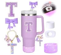 MOTEERLLU 6pcs Purple Stanley Cup Accessories Set,Bow Straw Cover for Stanley Cup 30oz 40oz, Including Straw Topper,Spill Proof Stopper,Sparkly Silicone Boot Set,Handle Charm,Initials Sticker (T)