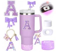 MOTEERLLU 6pcs Purple Stanley Cup Accessories Set,Bow Straw Cover for Stanley Cup 30oz 40oz, Including Straw Topper,Spill Proof Stopper,Sparkly Silicone Boot Set,Handle Charm,Initials Sticker (A)