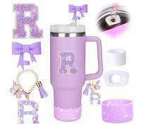 MOTEERLLU 6pcs Purple Stanley Cup Accessories Set,Bow Straw Cover for Stanley Cup 30oz 40oz, Including Straw Topper,Spill Proof Stopper,Sparkly Silicone Boot Set,Handle Charm,Initials Sticker (R)