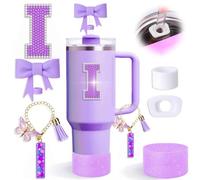 MOTEERLLU 6pcs Purple Stanley Cup Accessories Set,Bow Straw Cover for Stanley Cup 30oz 40oz, Including Straw Topper,Spill Proof Stopper,Sparkly Silicone Boot Set,Handle Charm,Initials Sticker (I)