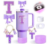 MOTEERLLU 6pcs Purple Stanley Cup Accessories Set,Bow Straw Cover for Stanley Cup 30oz 40oz, Including Straw Topper,Spill Proof Stopper,Sparkly Silicone Boot Set,Handle Charm,Initials Sticker (T)