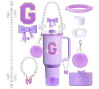 MOTEERLLU 9pcs Purple Stanley Cup Accessories Set for Tumbler 30oz 47oz with Handle,Including Bow Straw Topper and Boot,Pearl Handle Strap &Handle Charm,Initials Sticker