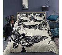 Moth Bedding Set Boys Teens Gothic Skull Pattern Vintage Duvet Cover Double Grey Black Sugar Skull Printed Comforter Cover Branch Flower Decor Bedspread For Adult Women Girls Soft Quilt Cover