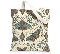Moth Canvas Tote Bag for Women, Bohemian Vintage Leaf Diamond None Teal Washable Reusable Aesthetic Tote Bags Ideas for Fam, Teal, 13x15 Inch