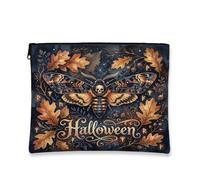 Moth Canvas with Zipper, Gothic Vintage Skull Oak Leaves Halloween Dark Blue Canvas with Zipper Small Makeup Pouch for Travel, Bathroom, Vanity Organizer and Purse Storage 7x9 Inch