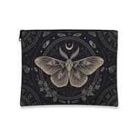 Moth Canvas with Zipper, Mystical Bohemian Astrological Symbols Floral Elements Mystical Black Portable with Zipper Small Makeup Pouch for Travel, Purse, Bathroom, Vanity and Daily Storage, Black, 7x9