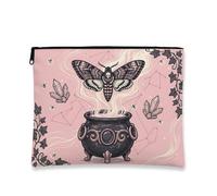Moth Canvas with Zipper, Mystical Fanciful Cauldron Crystals Halloween Peach Canvas with Zipper Makeup Bag for Purse for Travel, Bathroom, Vanity, Purse Storage and Gifts, Pink, 7x9 Inch, Mystical