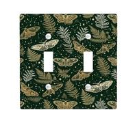 Moth Double Light Switch Cover Plate, Nature Botanical Fern Stars Fall Green Plastic Standard Size Switch Plate Decorative for Home Living Room New Apartment Decor