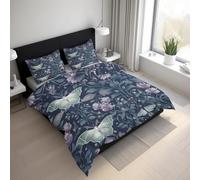 Moth Duvet Cover, Insect Flowers Botanical Bedding Sets Super King Size, Reversible Print Breathable Quilt Cover with 2 Pillowcases, Zipper Closure, Bedroom Decor GG112l