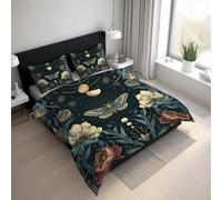 Moth Duvet Cover King Size, Reversible Print Design, 3 Pcs Insect Moon Floral Botanical Bedding Set, Soft Microfibre Quilt Cover with 2 Pillowcases, Zip GG2l