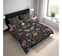 Moth Duvet Cover, Moon Insect Floral Botanical Bedding Sets Double Size, Reversible Print Breathable Quilt Cover with 2 Pillowcases, Zipper Closure, Bedroom Decor GG112l