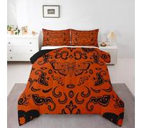 Moth Gothic Duvet Set King Orange Black Damask Goth Coverless Duvet Boho Death Moth Skull Halloween Bedding Set for Kids Adults Men Women Retro Hippie Animal Floral Quilt Set, Microfiber Soft