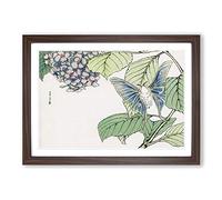 Moth & Hydrangea by Morimoto Toko Framed Print | A2 Walnut Framed Wall Art | Ready to Hang | Modern Floral Picture | Living Room Bedroom Lounge Office