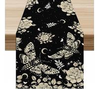 Moth Moon Table Runner,Fantasy Bohemian Nature Floral Starry Sun and Moon Gothic Skull Moth Butterfly Table Top Restaurant Dining Kitchen Wedding Party 13x36 Inch