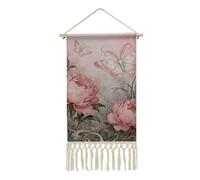 Moth Peony Cluster Poster Hanger Frame, Long Vertical Wall Hanging Vintage Tapestry with Tassel, Room Decor, Hanging Cotton Linen Framed Wall Art Decor for Home, 10x19.6 Inch